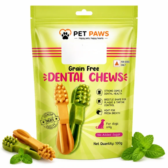 Daily Dental Care Chicken Chews for Dogs – Brush-Shaped Oral Care Treats, Mint Fresh Breath, 100 g