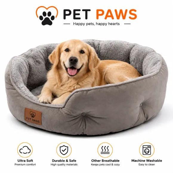 CozyNest Round Dog & Cat Bed – Soft Plush Comfort with Anti-Slip Base, Grey, 20 Inch