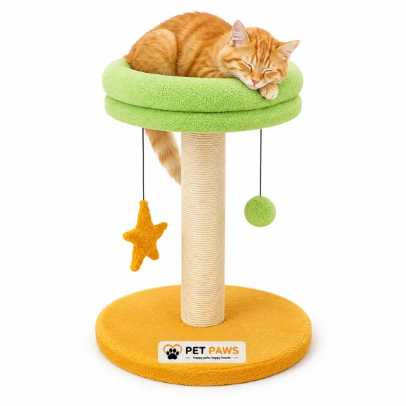 Cozy Cat Scratching Pole & Lounge Bed with Hanging Star and Ball – Natural Jute, Soft Fabric & Sturdy Wooden Base, 50 cm