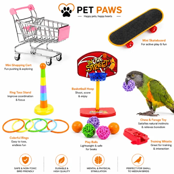  Interactive Bird Training & Activity Toy Set – 7-Piece Parrot Play Gym with Skateboard, Basketball Hoop, Rings & Toy Cart